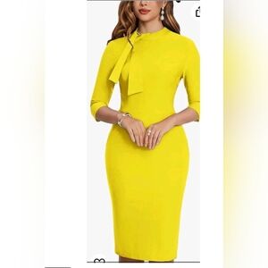 *NWT* MUXXN Yellow High Neck Tie Party Pencil Dress 3/4 Sleeve Midi Size L